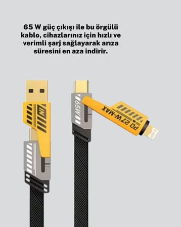 Yüksek Hızlı 65W Güç Çıkışlı Çoklu Cihaz Uyumlu Şarj Kablosu