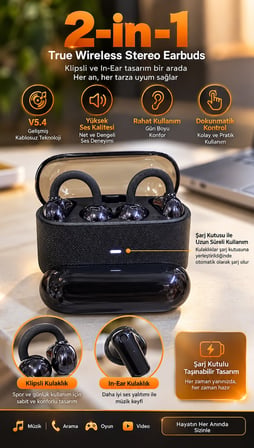 Kablosuz Bluetooth Kulaklık 2’si 1 Arada Klipsli Kulak İçi 4’lü Siyah