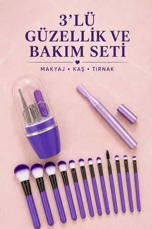 12’li Makyaj Fırça Seti Kaş Düzeltme Cihazı ve Tırnak Bakım Seti 3’lü Kadın Güzellik ve Kişisel Bakım Seti