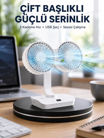 Sessiz Çalışan USB Şarjlı Çift Kafalı Masaüstü Fan – Ev ve Ofis İçin