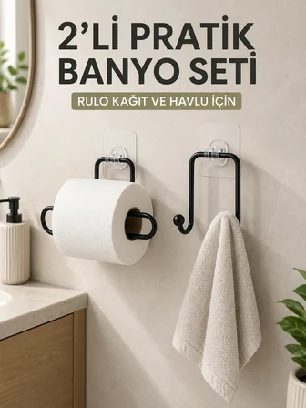 2’li Yapışkanlı Banyo Düzenleme Seti Rulo Kağıt Tutucu ve Havlu Askılığı