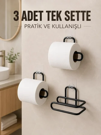 3 Adet Siyah Rulo Kağıt Tutucu Yapışkanlı Duvar Tipi Pratik Kağıtlık Seti
