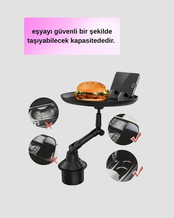 Araç İçi 360° Ayarlanabilir Bardaklık Tepsisi Geniş Yüzeyli ve Telefon Standlı