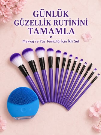 12 Parça Makyaj Fırçası ve Silikon Yüz Temizleyici Cihaz İkili Güzellik ve Kişisel Bakım Seti