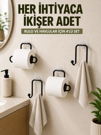 Yapışkanlı Banyo Düzenleme Seti 2 Rulo Tutucu 2 Havlu Askılığı 4 Parça
