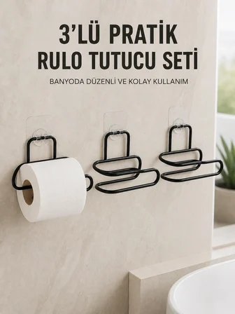 3’lü Yapışkanlı Tuvalet Kağıdı Tutucu Seti Siyah Duvar Tipi Rulo Kağıtlık