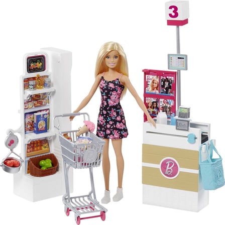 Barbie Süpermarkette Oyun Seti, Alışveriş Sepeti ve 25'ten Fazla Aksesuar Dahil FRP01