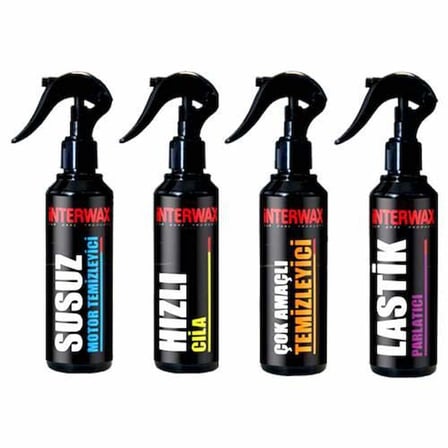 INTERWAX 4'LÜ OTO BAKIM SETİ (SUSUZ MOTOR-HIZLI CİLA-DÖŞEME TEMİZLEME-LASTİK PARLATICI) 230 ML