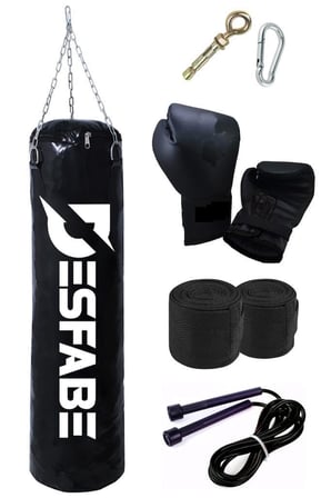 Desfabe Boxing Star 70x25 Cm Zincirli Boks Torbası Siyah+Askı Aparatı+Boks Eldiveni+El Sargı Bandajı+Atlama İpi