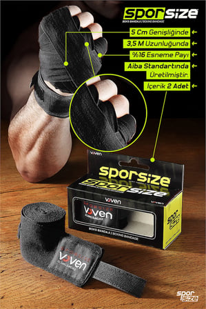 Sporsize Voven Boxing Muay Thai Bandage Boks Bandajı Muay Thai Bandajı El Sargısı Tüm Ebatlar, Renkler (Siyah, 3,5 METRE)