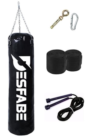 Desfabe Boxing Star 70x25 Cm Zincirli Boks Torbası Siyah+Askı Aparatı+El Bandajı+Atlama İpi