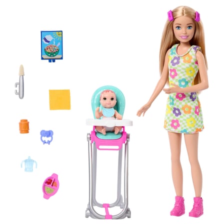 Barbie Aksesuarlarla birlikte gelen Barbie Skipper Bebek ve Oyun Seti, yemek zamanı temalı bebek bakıcılığı seti, renk değiştiren oyuncak, HTK35