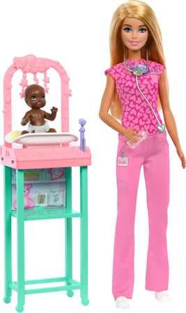 Barbie Kariyer Oyun Setleri - Doktor Bebek Çocuk Doktoru Barbie, sarışın bebek, 1 bebek figürü, mobi