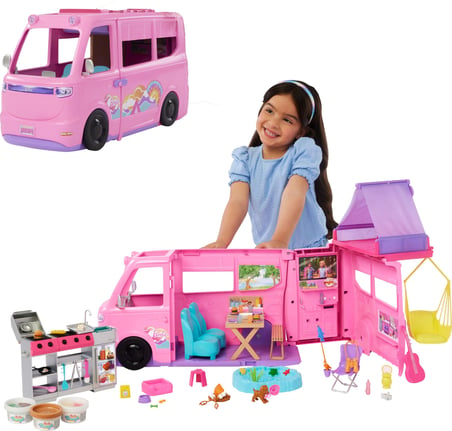 Barbie'nin Rüya Karavanı oyun seti, Tavan çadırı, salıncağı, balık tutulan göleti, renk değişimi özellikli barbeküsü ve hamur dahil 60'tan fazla aksesuarıyla, HRJ78