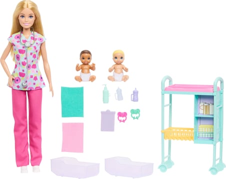 Barbie Kariyer Bebekleri çocuk doktoru oyun seti, üniforma giyen sarışın Barbie bebek, 2 bebek figür
