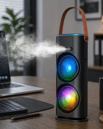 Çift Başlıklı Taşınabilir Fan RGB Işıklı Sprey Nemlendiricili Masaüstü Serinletici Fan