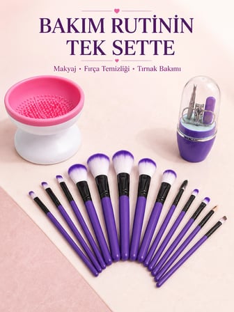 12’li Makyaj Fırça Seti Fırça Temizleme Cihazı ve Manikür Pedikür Seti 3’lü Kadın Güzellik Bakım Paketi