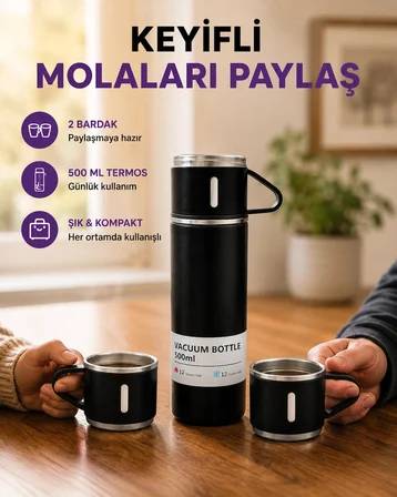 500 ml Isı Korumalı Çelik Termos ve Bardak Seti | Silikon Tabanlı, Şık ve Pratik