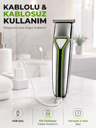 T Bıçaklı Saç Sakal Kesme Makinesi Şarjlı Kablosuz Ense Favori Şekillendirme Tıraş Makinesi