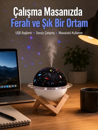 Projektör ışıklı ve aromaterapi destekli taşınabilir nemlendirici cihaz USB bağlantılı