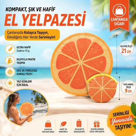 Katlanabilir El Yelpazesi Portakal Desenli Ultra Hafif Çantalık Mini El Vantilatörü Plaj Tatil Kamp İçin