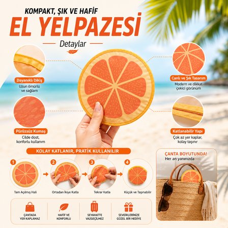 Katlanabilir El Yelpazesi Portakal Desenli Ultra Hafif Çantalık Mini El Vantilatörü Plaj Tatil Kamp İçin
