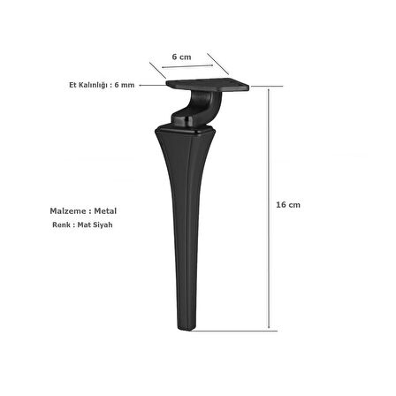 4 Adet Venüs Lüx Metal Ayak 16 cm Mat Siyah Mobilya Koltuk Ayağı 