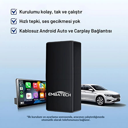 Embatech Araç Içi 2in1 Android ve Apple Cihazlar Için Kablosuz Android Auto ve Carplay Adaptörü (EMT-006)