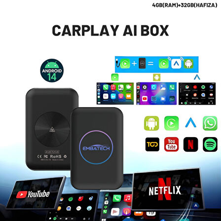 Embatech Carplay Ai Box 4GB+32GB Youtube,netflix,google Play & Kablosuz Carplay&android Auto- Android 14