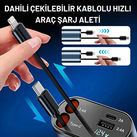 Embatech 66W Dahili Çekilebilir Kablolu Type-C + Lightning Hızlı Araç Çakmaklık Şarj Aleti