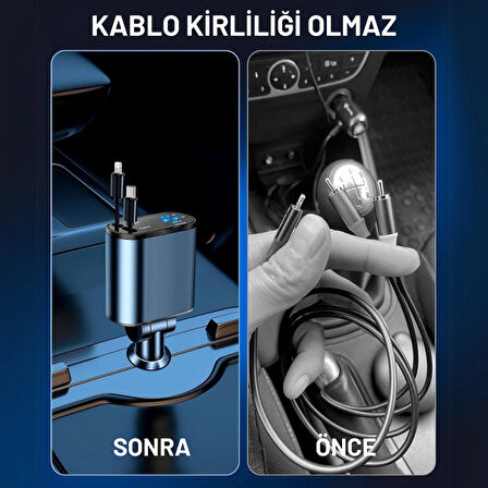 Embatech 66W Dahili Çekilebilir Kablolu Type-C + Lightning Hızlı Araç Çakmaklık Şarj Aleti