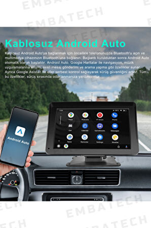 Embatech 7 İnç Tak Çalıştır Kablosuz Carplay Ve Android Auto Oto Multimedya Araç Ekran