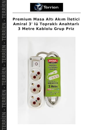 Premium Masa Altı Akım İletici Amiral 3' lü Topraklı Anahtarlı 3 Metre Kablolu Grup Priz