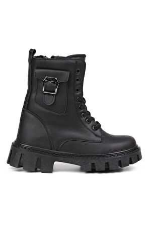 Kadın Siyah Postal Bot – Kalın Taban Fermuarlı Bağcıklı Cepli Tokalı Rahat Günlük Şık ve Dayanıklı