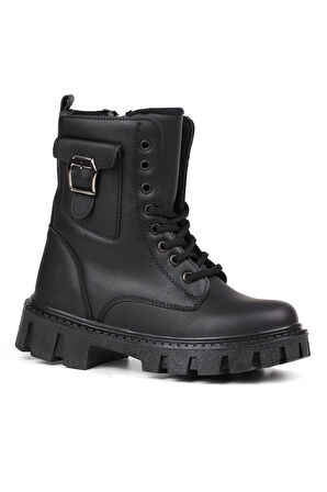 Kadın Siyah Postal Bot – Kalın Taban Fermuarlı Bağcıklı Cepli Tokalı Rahat Günlük Şık ve Dayanıklı