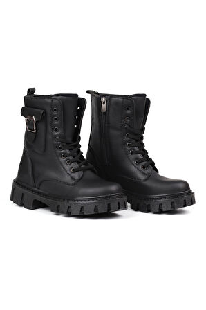 Kadın Siyah Postal Bot – Kalın Taban Fermuarlı Bağcıklı Cepli Tokalı Rahat Günlük Şık ve Dayanıklı