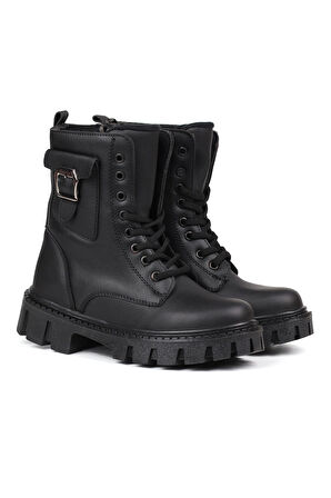 Kadın Siyah Postal Bot – Kalın Taban Fermuarlı Bağcıklı Cepli Tokalı Rahat Günlük Şık ve Dayanıklı