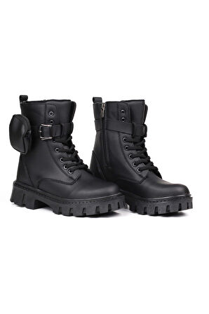 Kadın Siyah Postal Bot – Cüzdanlı Kalın Taban Fermuarlı Bağcıklı Tokalı Rahat Günlük Şık ve Dayanıklı