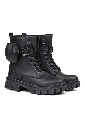 Kadın Siyah Postal Bot – Cüzdanlı Kalın Taban Fermuarlı Bağcıklı Tokalı Rahat Günlük Şık ve Dayanıklı