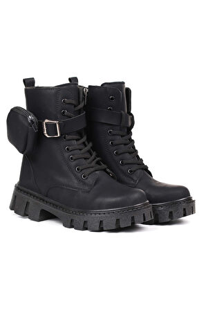 Kadın Siyah Nubuk Postal Bot – Cüzdanlı Kalın Taban Fermuarlı Bağcıklı Tokalı Rahat Günlük Şık ve Dayanıklı