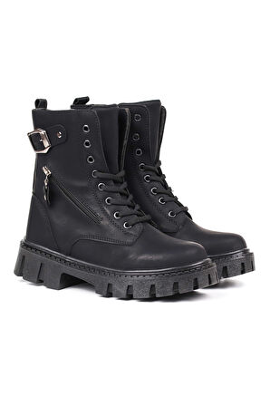 Kadın Siyah Postal Bot –  Kalın Taban Fermuarlı Bağcıklı Tokalı Rahat Günlük Şık ve Dayanıklı