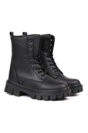 Kadın Siyah Postal Bot – Kalın Taban Fermuarlı Bağcıklı Rahat Günlük Şık ve Dayanıklı