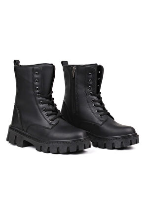 Kadın Siyah Postal Bot – Kalın Taban Fermuarlı Bağcıklı Rahat Günlük Şık ve Dayanıklı