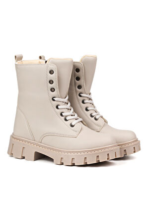 Kadın Bej Postal Bot – Kalın Taban Fermuarlı Bağcıklı Rahat Günlük Şık ve Dayanıklı