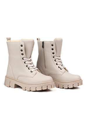 Kadın Bej Postal Bot – Kalın Taban Fermuarlı Bağcıklı Rahat Günlük Şık ve Dayanıklı