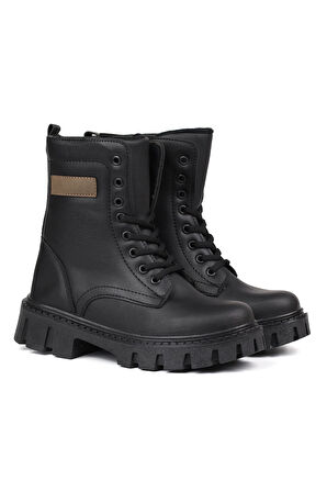 Kadın Siyah Postal Bot – Kalın Taban Fermuarlı Bağcıklı Rahat Günlük Şık ve Dayanıklı