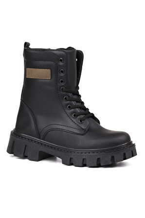 Kadın Siyah Postal Bot – Kalın Taban Fermuarlı Bağcıklı Rahat Günlük Şık ve Dayanıklı