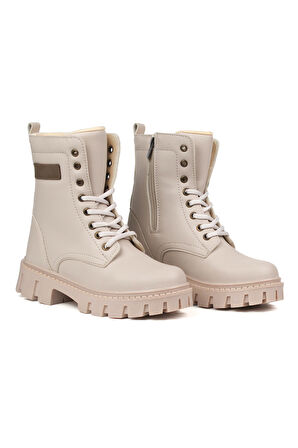 Kadın Bej Postal Bot – Kalın Taban Fermuarlı Bağcıklı Rahat Günlük Şık ve Dayanıklı