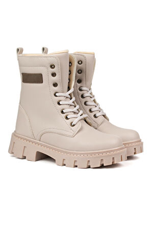 Kadın Bej Postal Bot – Kalın Taban Fermuarlı Bağcıklı Rahat Günlük Şık ve Dayanıklı