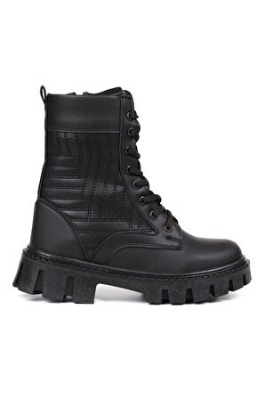 Kadın Siyah Postal Bot – Kalın Taban Fermuarlı Bağcıklı Rahat Günlük Şık ve Dayanıklı